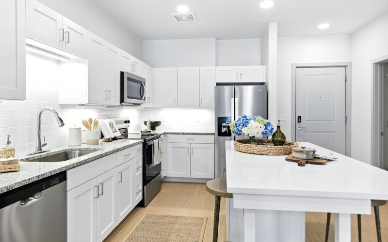 kitchen with white cabinets and island